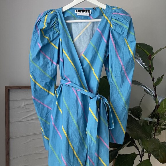 Women's ROTATE Birger Christensen Blue 80's Striped BRIDGET Mini Wrap Dress US 2 - Picture 1 of 5